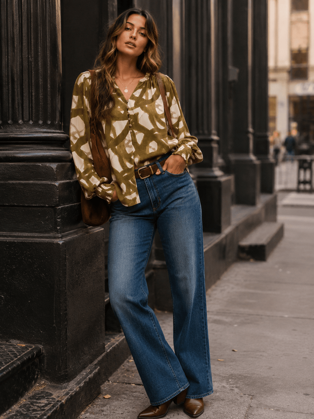 ENTRO WOMEN'S LONG SLEEVE V-NECK BUTTON UP MULTI PRINT BLOUSE