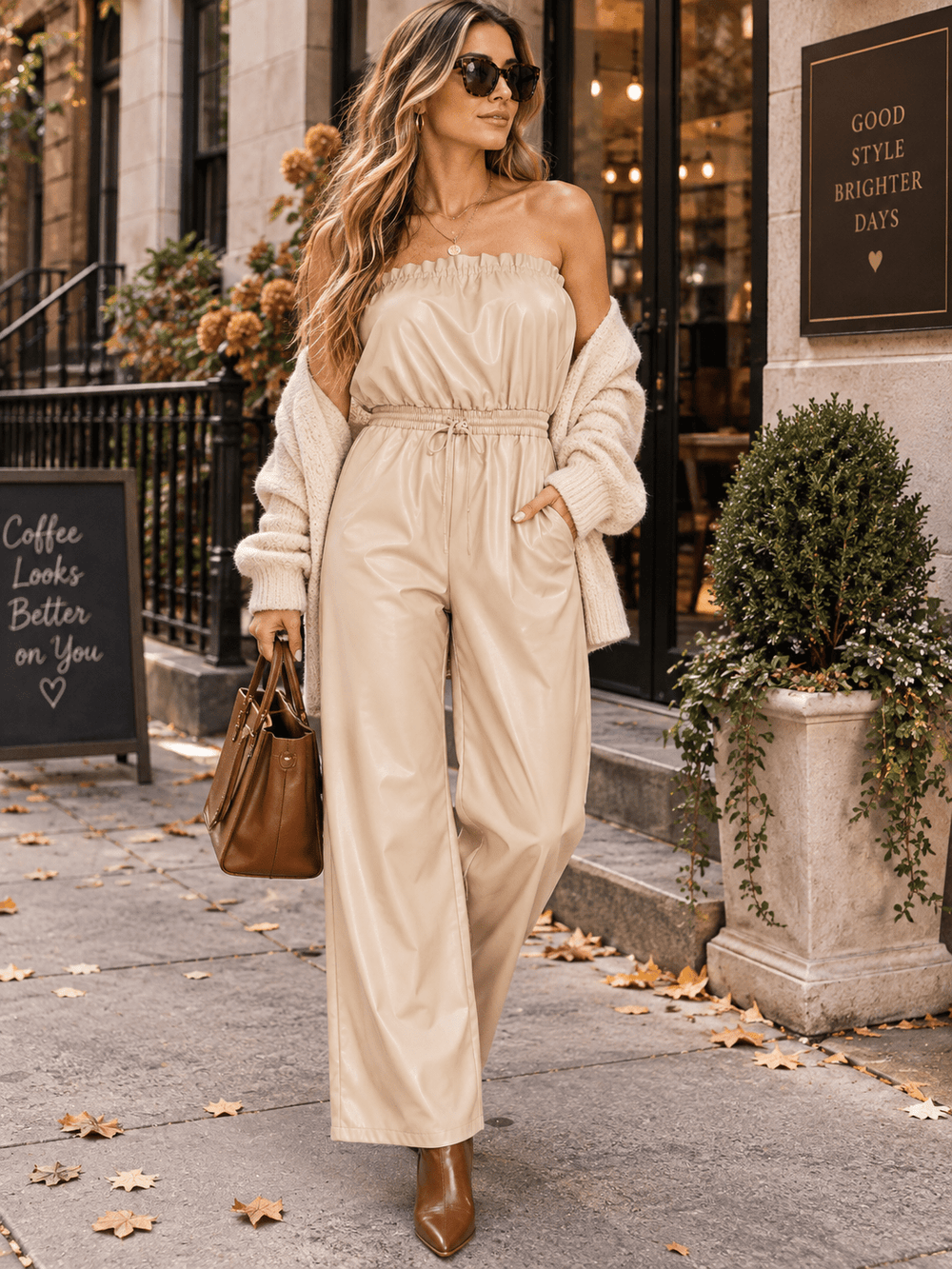 WOMEN'S SLEEVELESS ELASTIC WAIST POCKETS PU PLATHER WIDE LEG JUMPSUIT