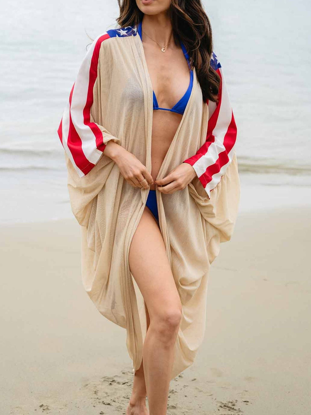 WOMEN'S LONG SLEEVE DRAPE OPEN FRONT PATRIOTIC KIMONO