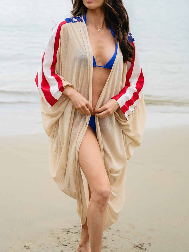 WOMEN'S LONG SLEEVE DRAPE OPEN FRONT PATRIOTIC KIMONO
