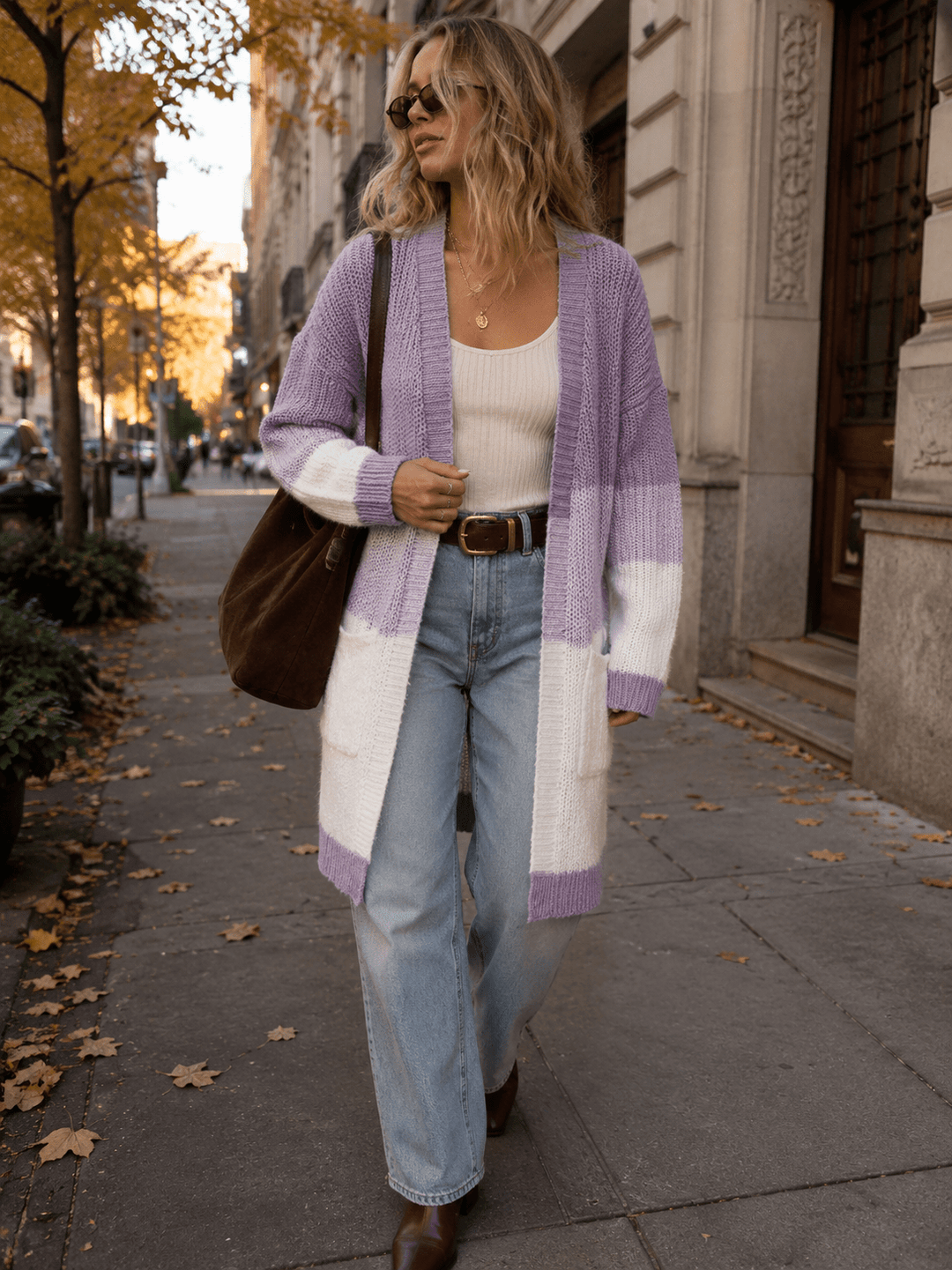 WOMEN'S LONG SLEEVE OPEN FRONT POCKETS COLORBLOCK CARDIGAN
