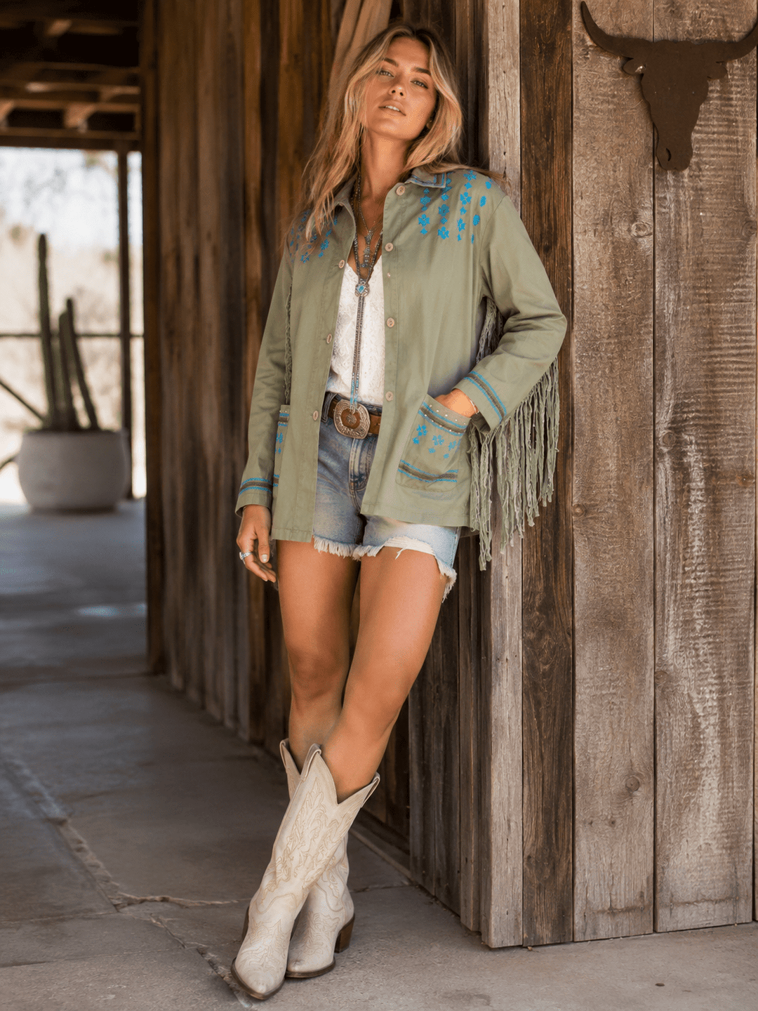 WOMEN'S TWILL EMBRODIERY AND FRINDGE SHACKET