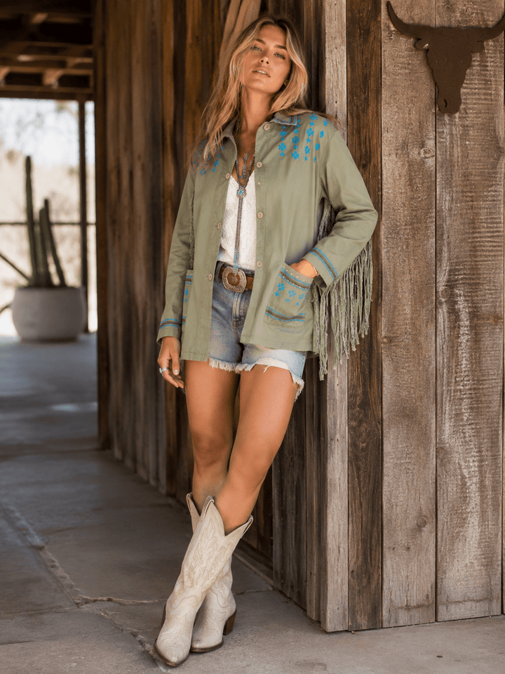 WOMEN'S TWILL EMBRODIERY AND FRINDGE SHACKET