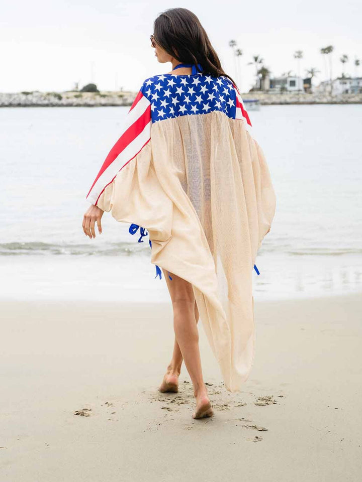 WOMEN'S LONG SLEEVE DRAPE OPEN FRONT PATRIOTIC KIMONO