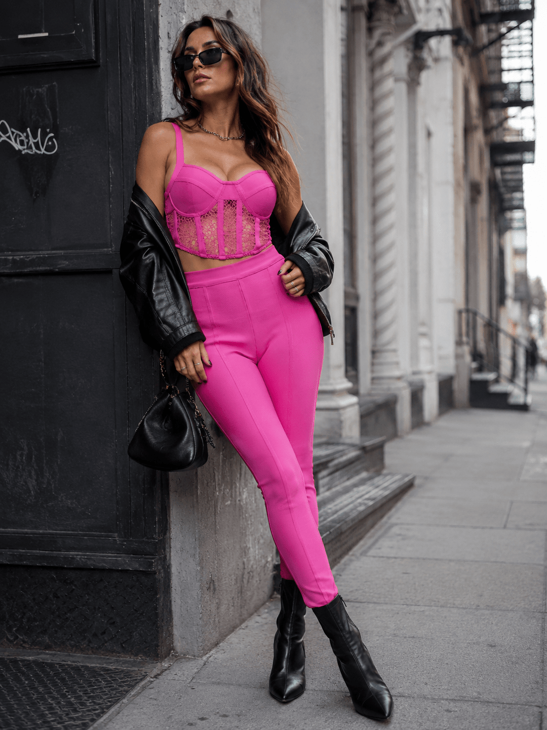 WOMEN'S SLEEVELESS BRALETTE TOP & ZIP UP SKINNY LEG PANTS BANDAGE 2PC. SET