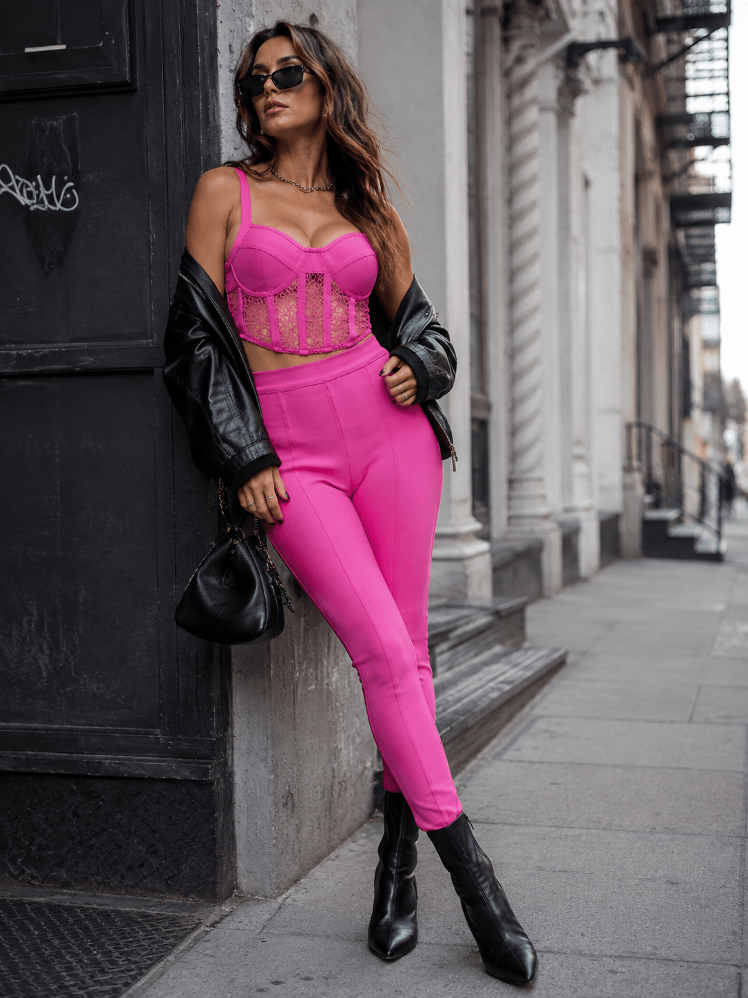 WOMEN'S SLEEVELESS BRALETTE TOP & ZIP UP SKINNY LEG PANTS BANDAGE 2PC. SET