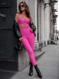 WOMEN'S SLEEVELESS BRALETTE TOP & ZIP UP SKINNY LEG PANTS BANDAGE 2PC. SET