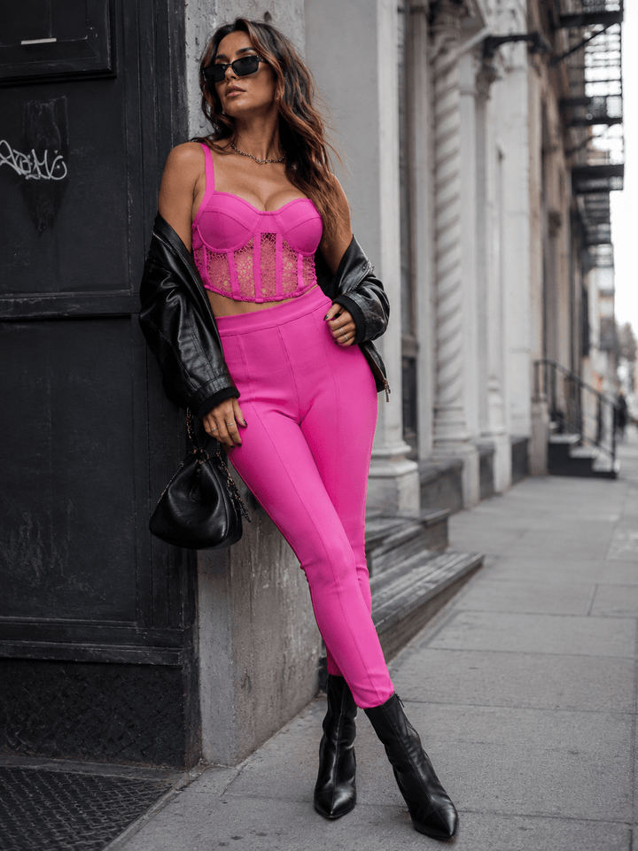 WOMEN'S SLEEVELESS BRALETTE TOP & ZIP UP SKINNY LEG PANTS BANDAGE 2PC. SET