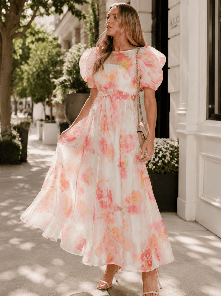 BEULAH WOMEN'S SHORT PUFF SLEEVE SELF TIE FLORAL MAXI DRESS