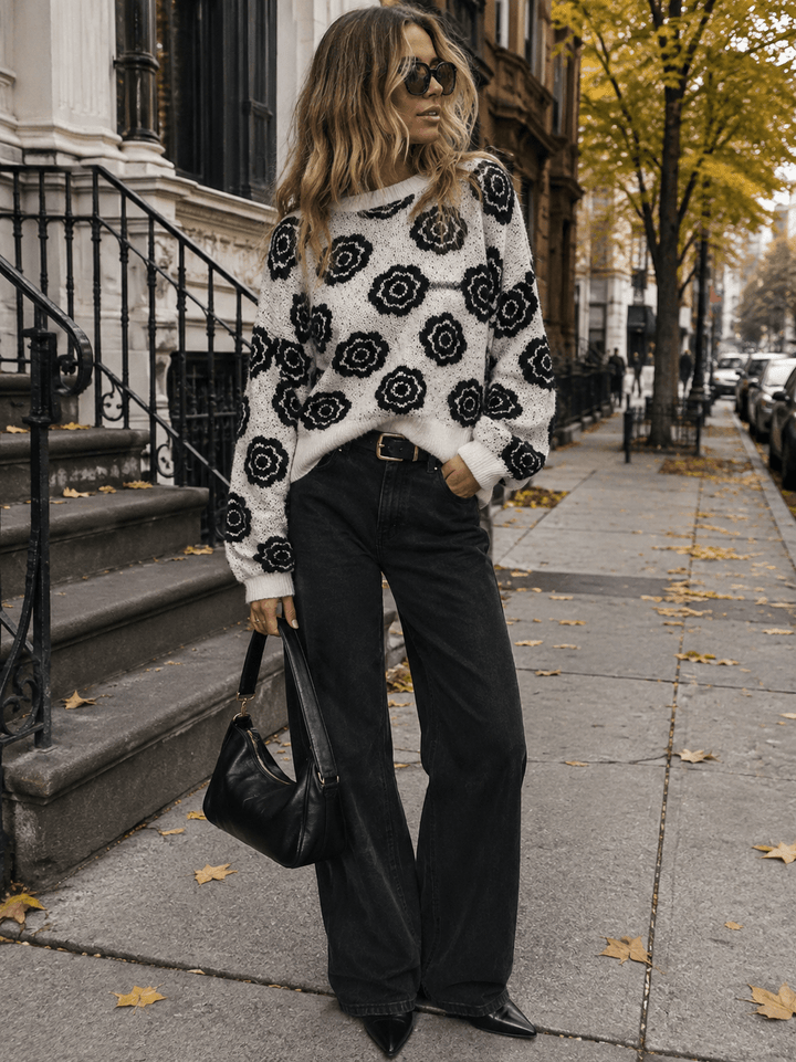 WOMEN'S LONG SLEEVE FLORAL KNIT PULLOVER SWEATER