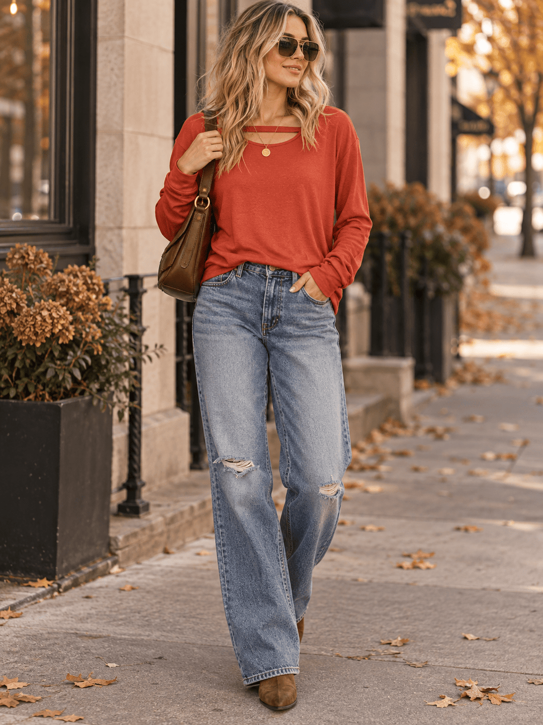 WOMEN'S LONG SLEEVE FRONT CUT OUT SOLID TOP