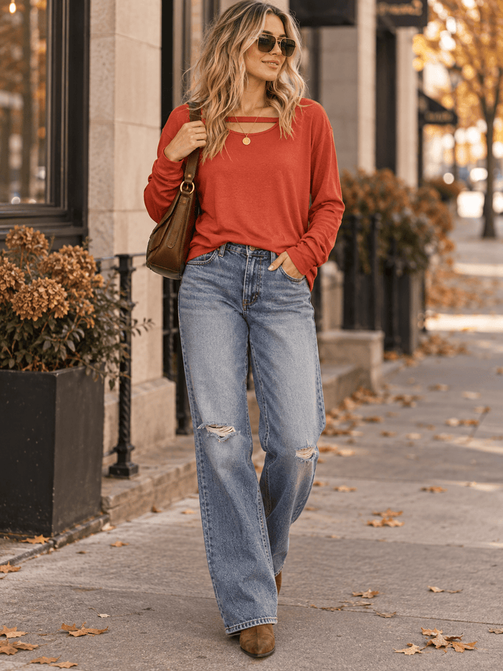 WOMEN'S LONG SLEEVE FRONT CUT OUT SOLID TOP