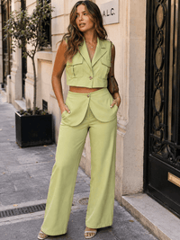 WOMEN'S SLEEVELESS BUTTON CLOSURE BLOUSE & BUTTON CLOSURE POCKETS WIDE LEG PANTS 2PC. SET