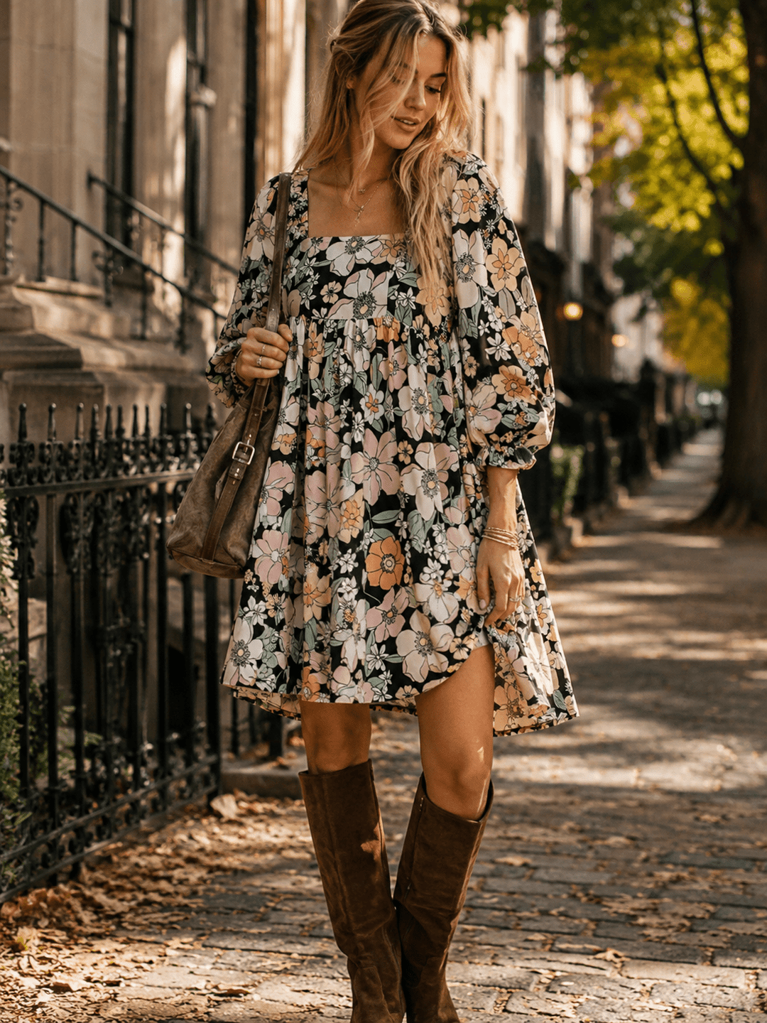 WOMEN'S 3/4 SLEEVE FRONT POCKETS SMOCK TUNIC FLORAL MINI DRESS