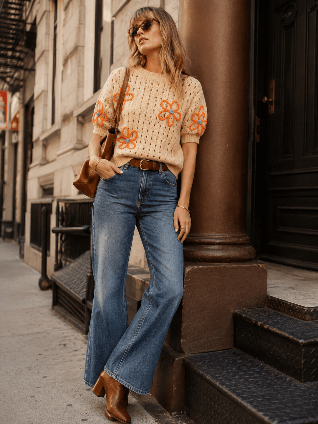 WOMEN'S SHORT SLEEVE FLOWER CROCHET SWEATER TOP