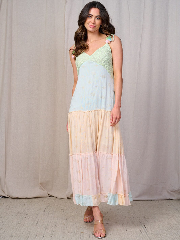 WOMEN'S SLEEVELESS V-NECK TIERED PRINT COLORBLOCK MAXI DRESS