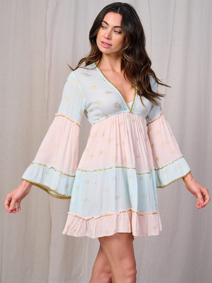 WOMEN'S LONG BELL SLEEVE V-NECK TRIM DETAILED COLORBLOCK MINI DRESS