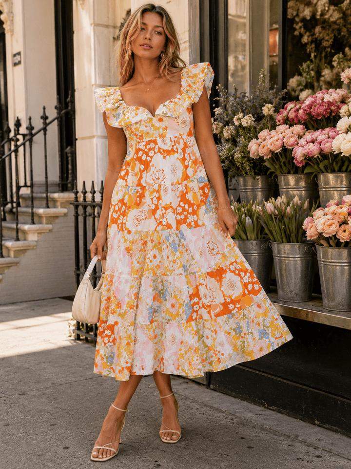 BEULAH WOMEN'S RUFFLE V-NECK PLEATED FLORAL MAXI DRESS