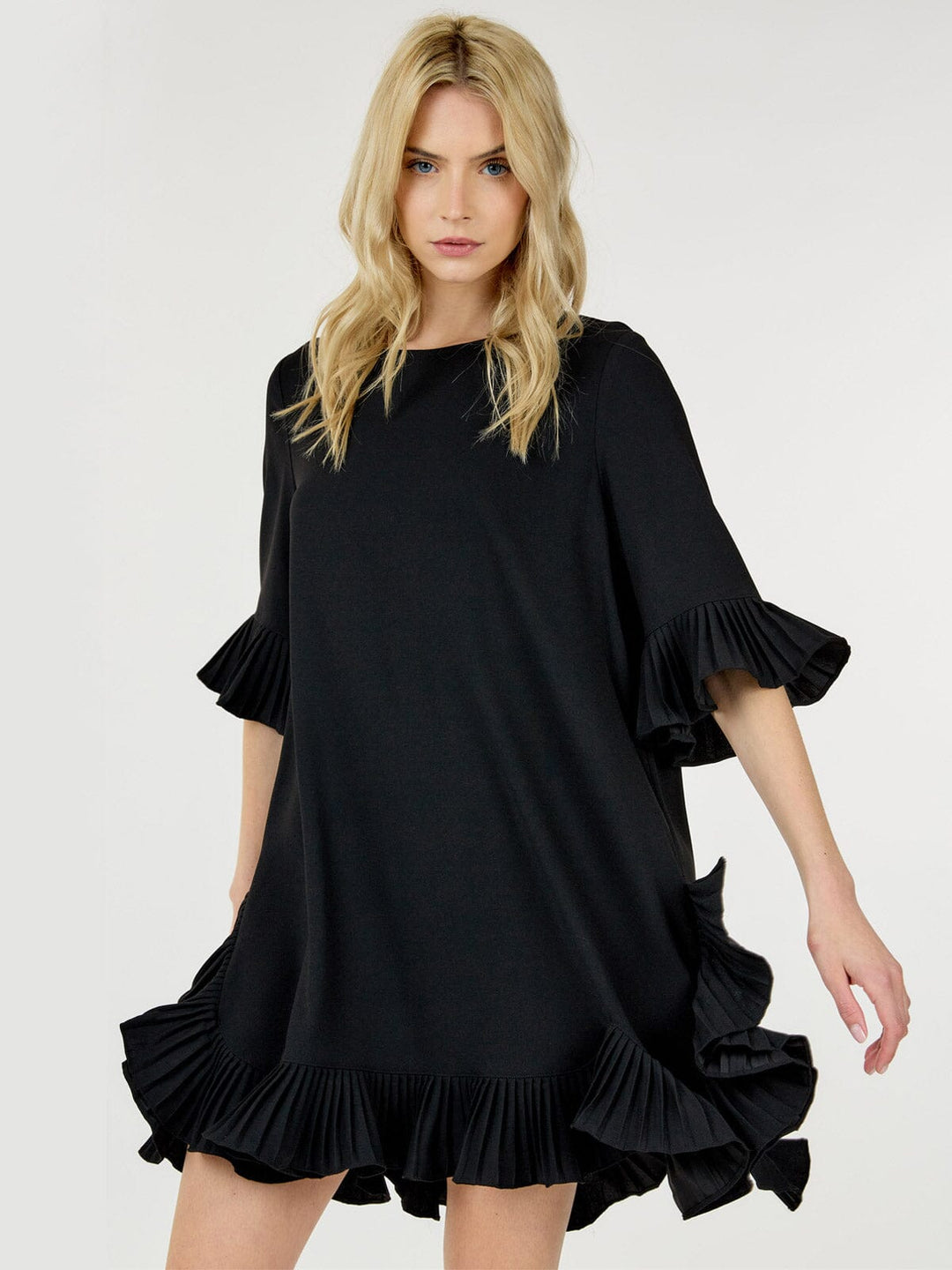WOMEN'S SHORT SLEEVE RUFFLE TUNIC MINI DRESS