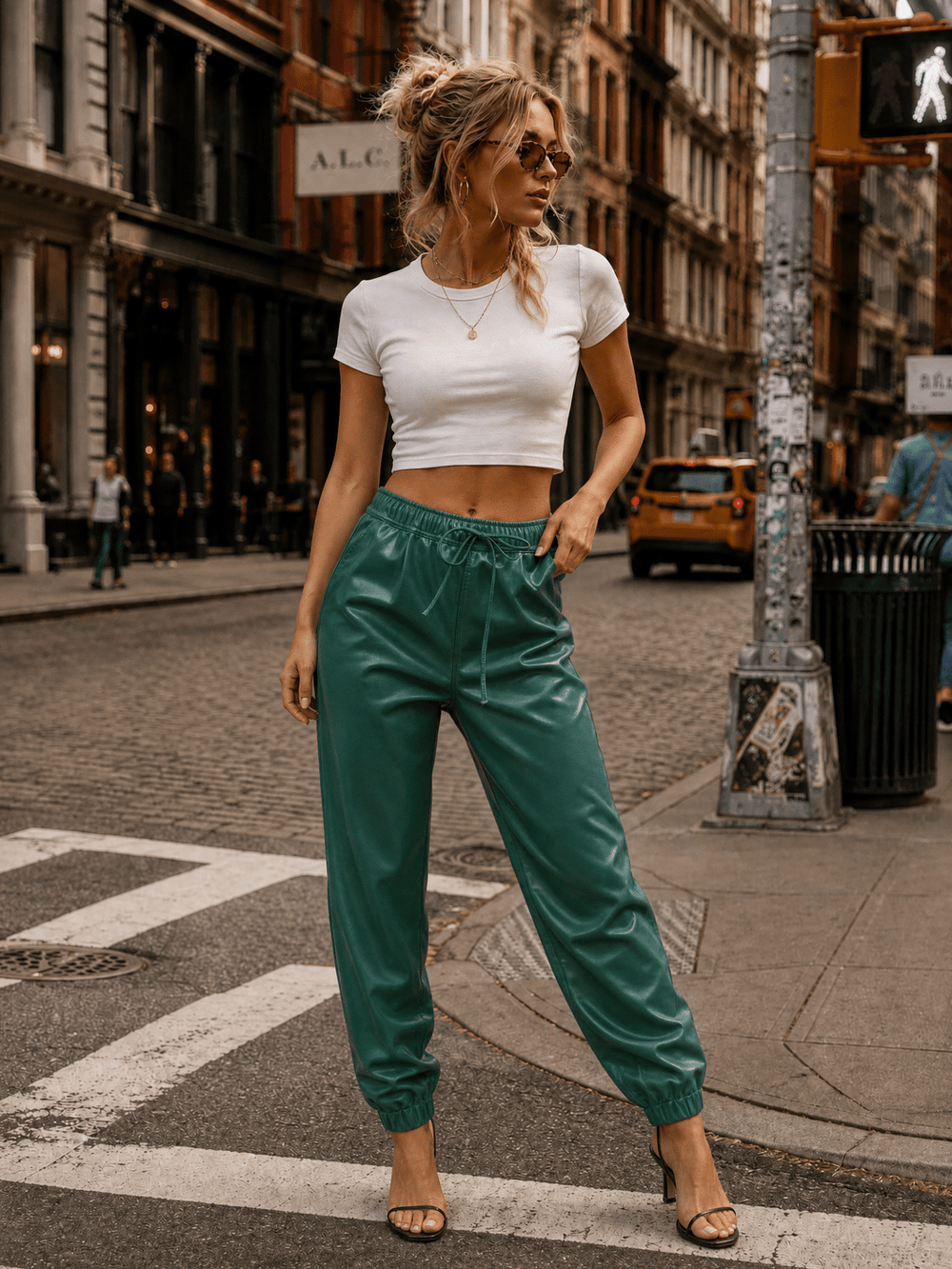 WOMEN'S ELASTIC WAIST FRONT POCKETS JOGGER LEGS PU PLEATHER PANTS