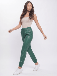 WOMEN'S ELASTIC WAIST FRONT POCKETS JOGGER LEGS PU PLEATHER PANTS