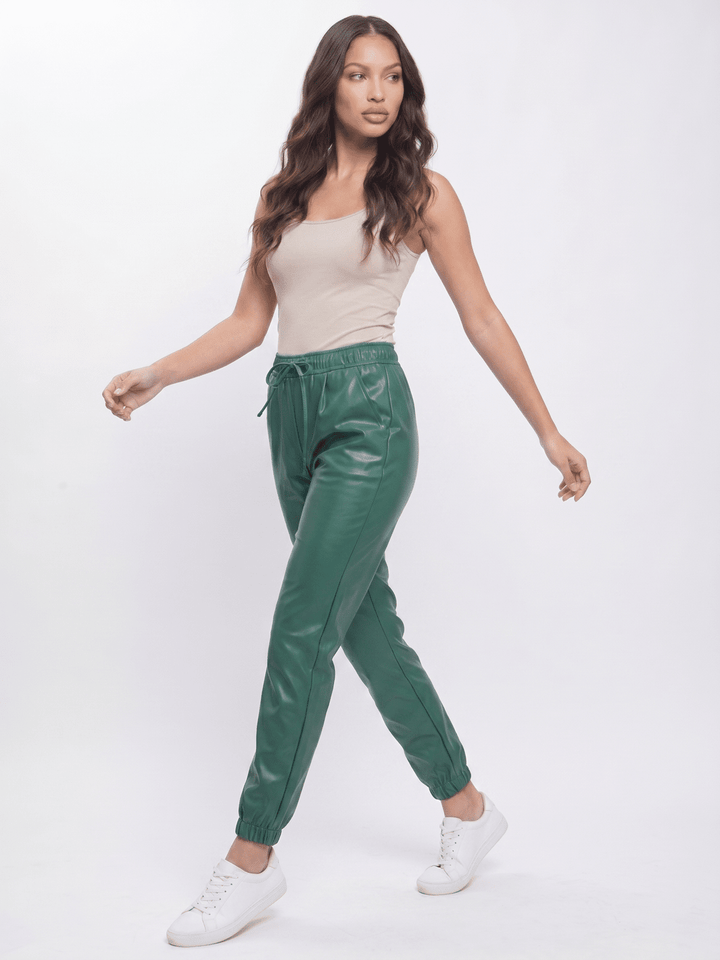 WOMEN'S ELASTIC WAIST FRONT POCKETS JOGGER LEGS PU PLEATHER PANTS