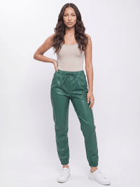 WOMEN'S ELASTIC WAIST FRONT POCKETS JOGGER LEGS PU PLEATHER PANTS
