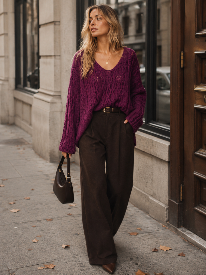 WOMEN'S LONG BELL SLEEVE V-NECK KNIT HIGH-LOW PULLOVER SWEATER