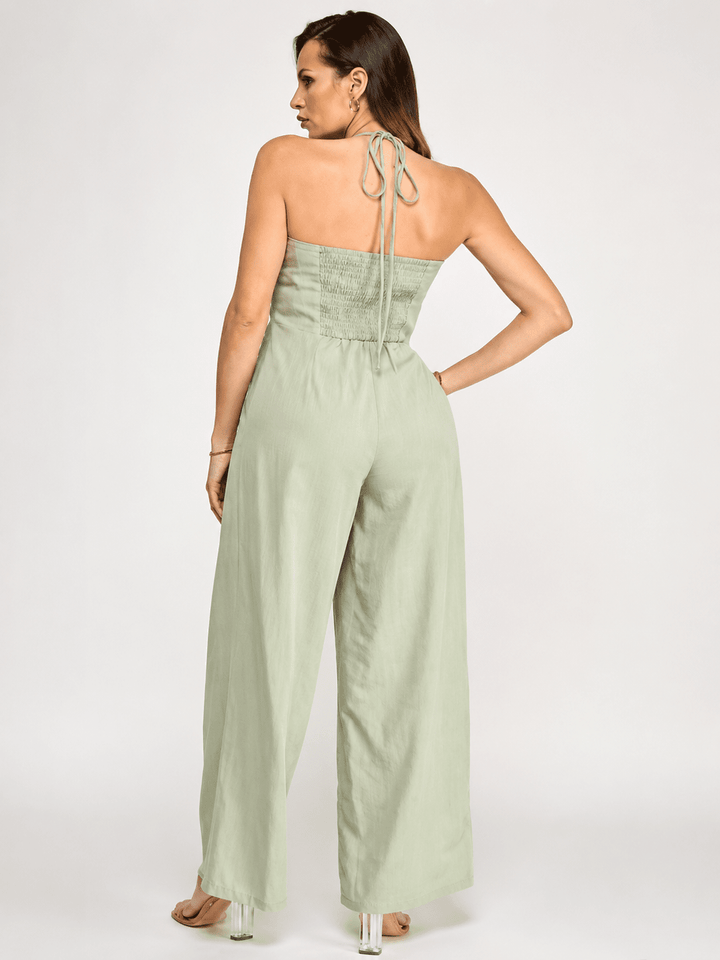 WOMEN'S SLEEVELESS HALTER NECK POCKETS SMOCK WIDE LEG JUMPSUIT