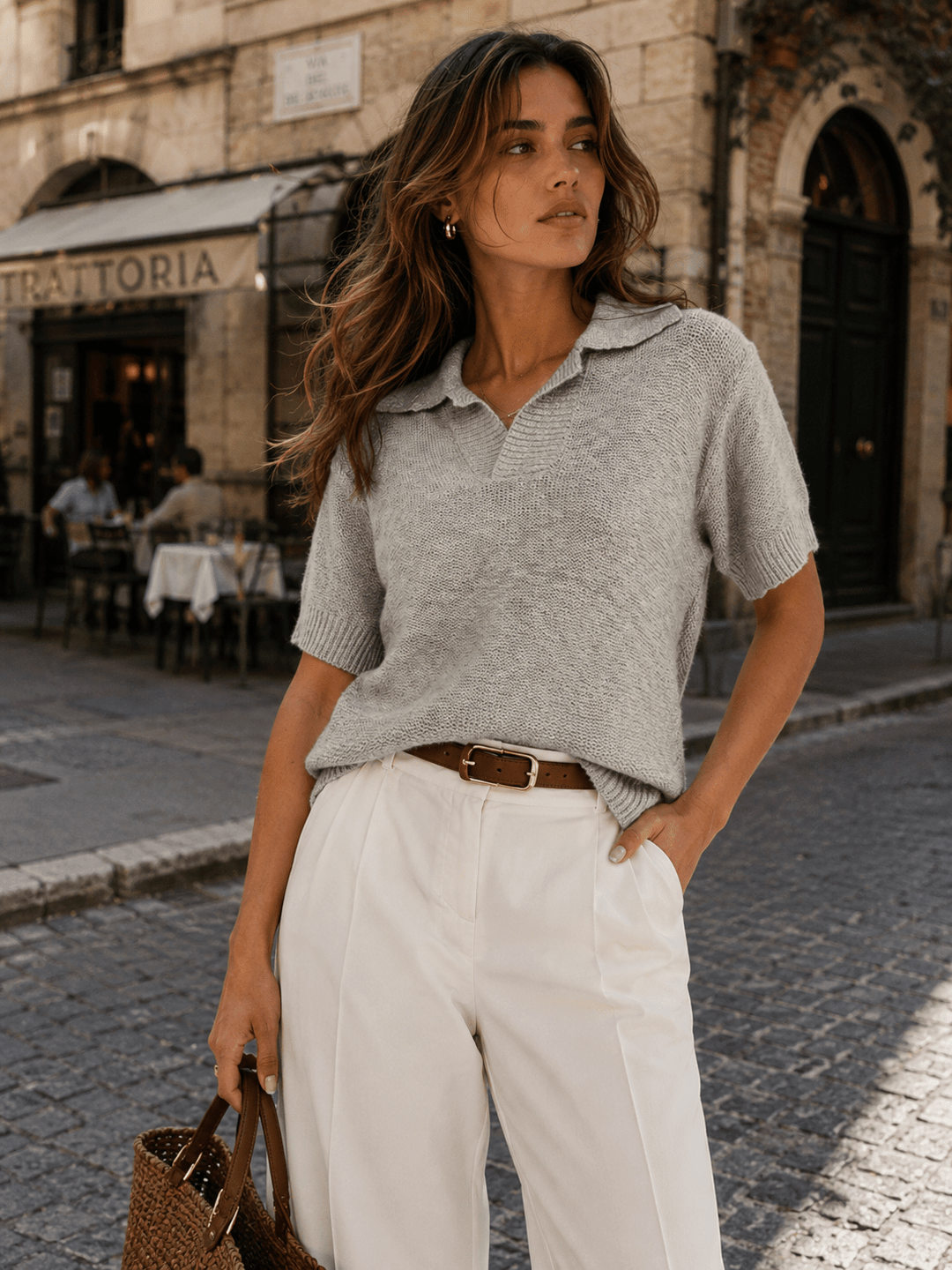 WOMEN'S SHORT SLEEVE V-NECK KNIT COLLAR TOP