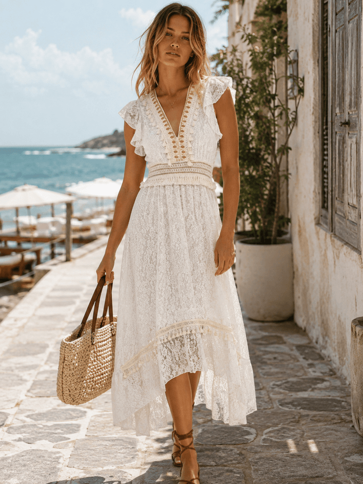 WOMEN'S RUFFLE SLEEVE V-NECK HIGH-LOW CROCHET LACE MAXI DRESS