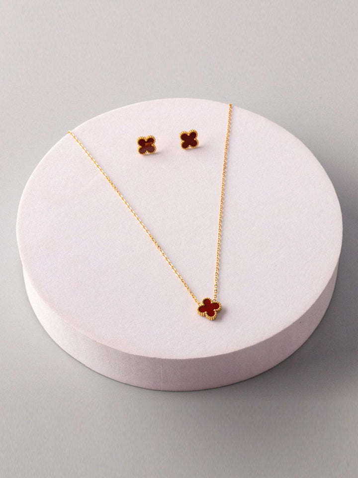 WOMEN'S STAINLESS STEEL GOLD RED EARRINGS & NECKLACE SET