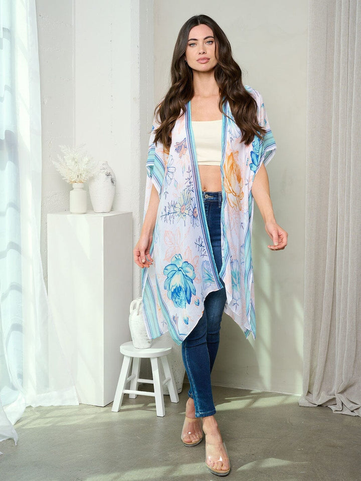 WOMEN'S SHORT SLEEVE OPEN FRONT FLOWERS PRINT KIMONO