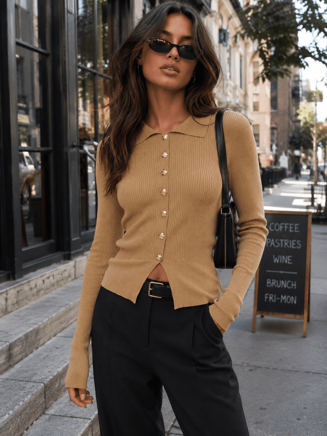 WOMEN'S LONG SLEEVE BUTTONS DETAILED RIBBED BLOUSE