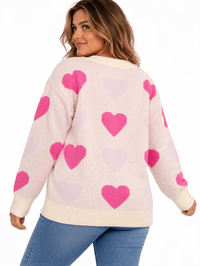 PLUS SIZE LONG SLEEVE HEARTS PRINT PULLOVER COLORBLOCK SWEATER