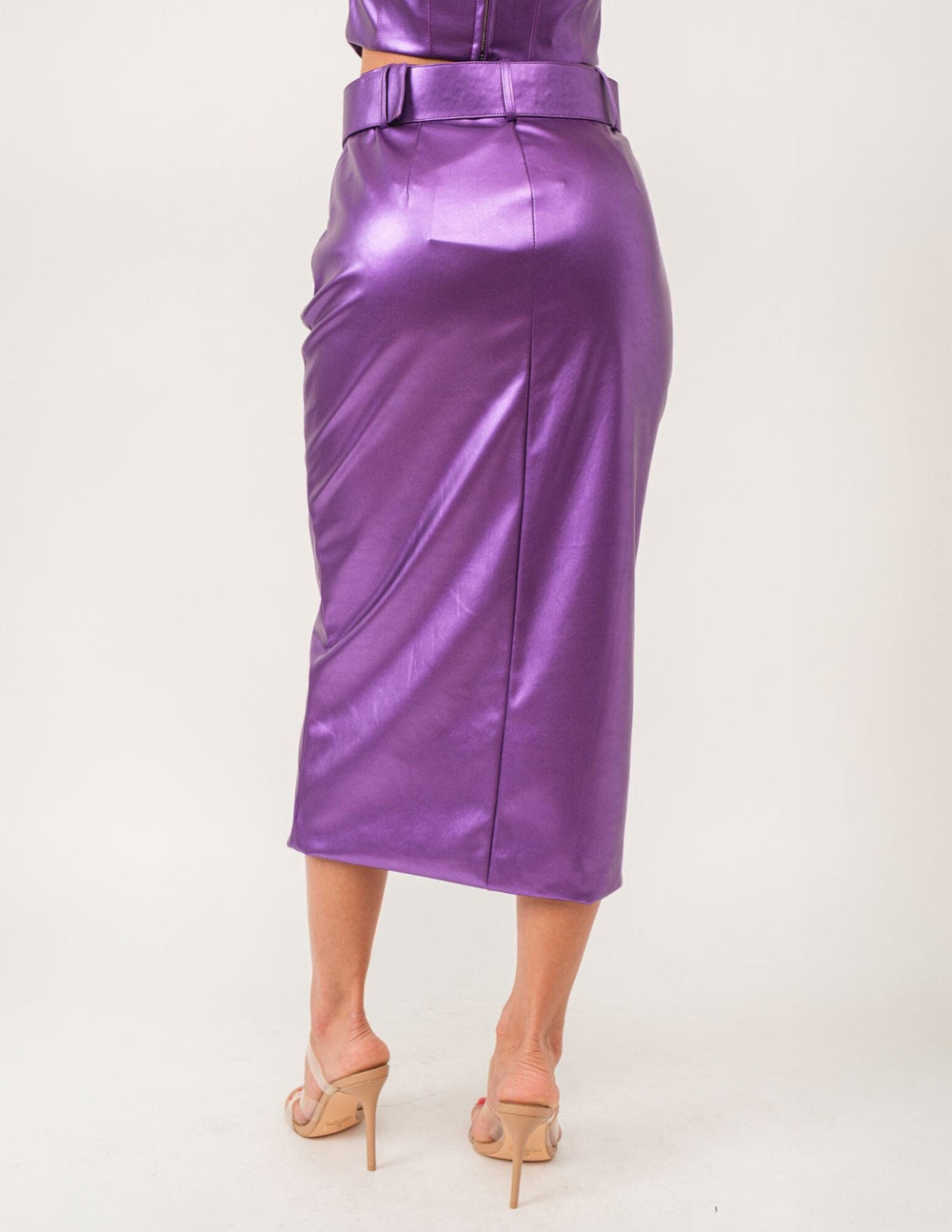 WOMEN'S ZIP UP BELTED METALLIC MIDI SKIRT