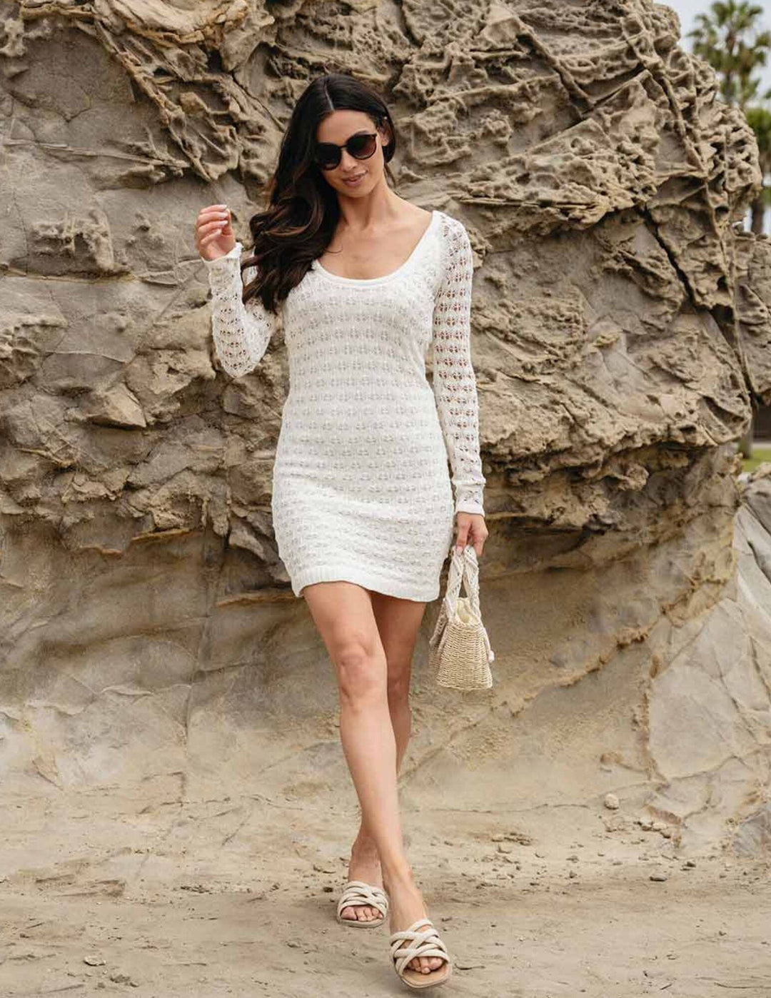 WOMEN'S LONG SLEEVE BACK TIE BODYCON KNITTED MINI DRESS