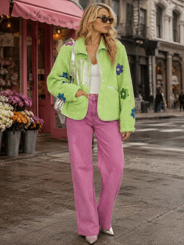 WOMEN'S LONG SLEEVES BUTTON CLOSURE FLOWERS DETAILED SHERPA SWEATER