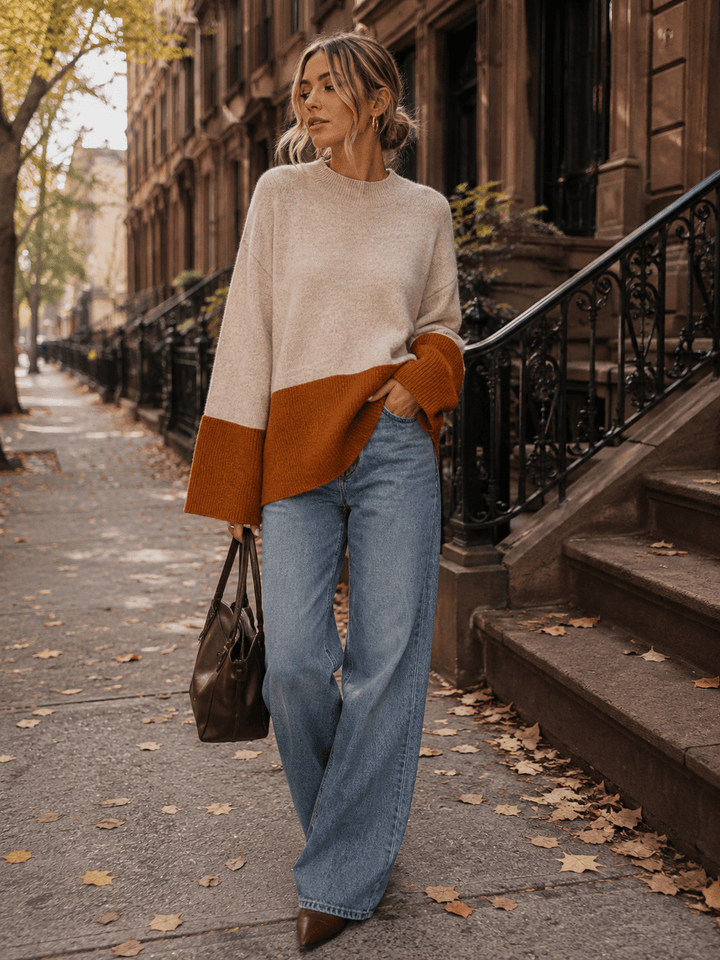 WOMEN'S LONG SLEEVE COLORBLOCK PULLOVER SWEATER