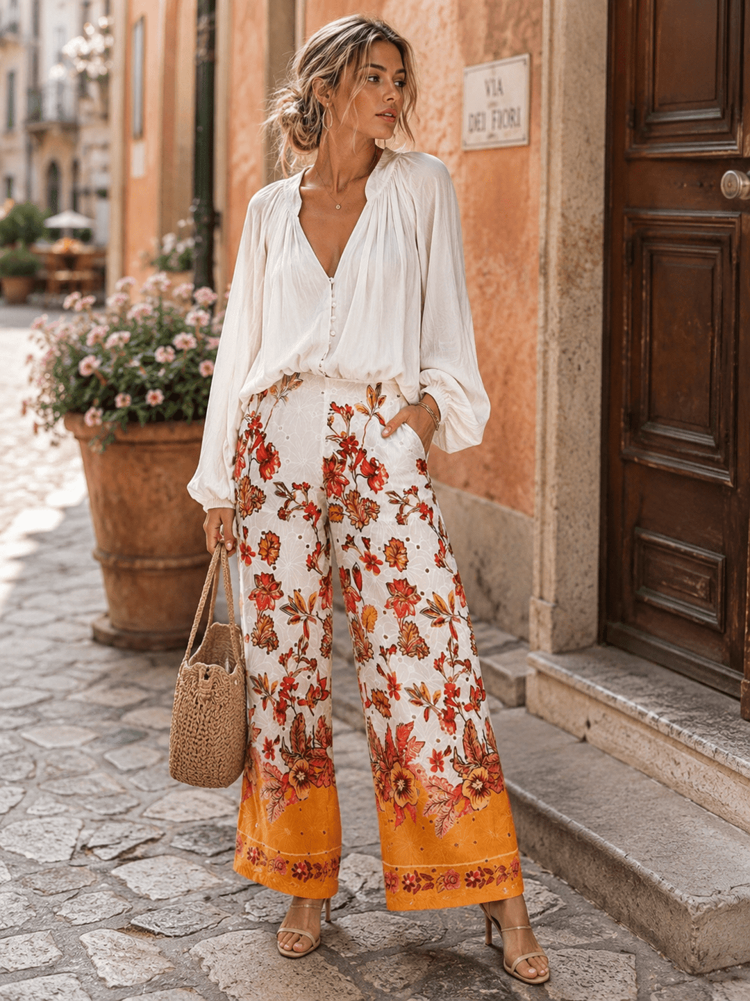 WOMEN'S ELASTIC WAIST EYELET FLORAL WIDE LEG PANTS