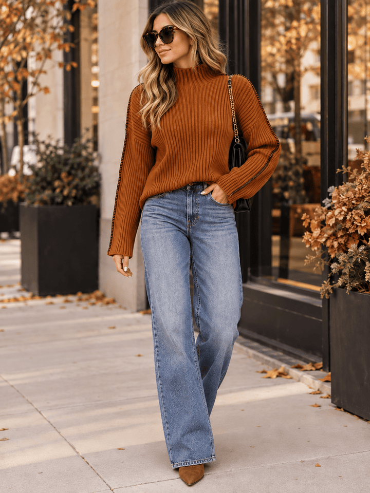 WOMEN'S LONG SLEEVE MOCK NECK RIBBED PULLOVER SWEATER