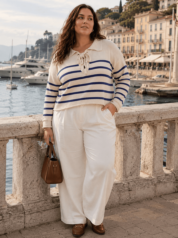 PLUS SIZE LONG SLEEVE V-NECK LACE UP COLORBLOCK STRIPES PULLOVER SWEATER