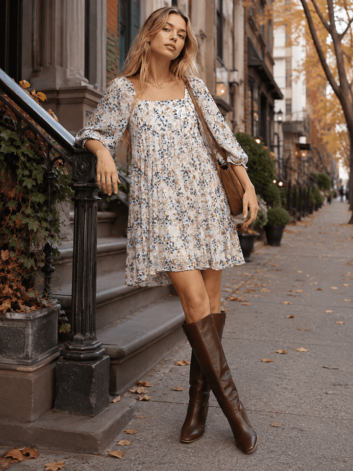 WOMEN'S 3/4 SLEEVE FRONT POCKETS TUNIC FLORAL MINI DRESS