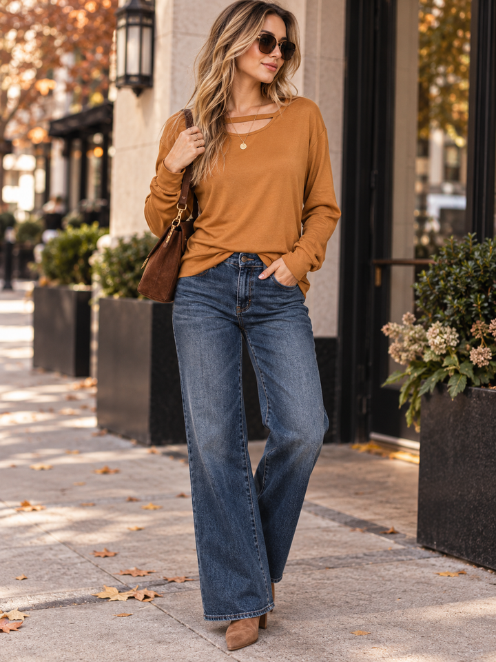 WOMEN'S LONG SLEEVE FRONT CUT OUT SOLID TOP