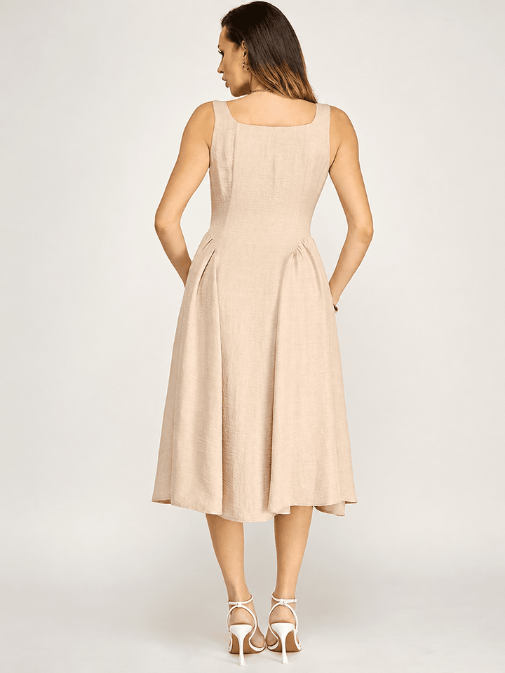 WOMEN'S SLEEVELESS SQUARE NECK BUTTON UP FIT & FLARE MIDI DRESS
