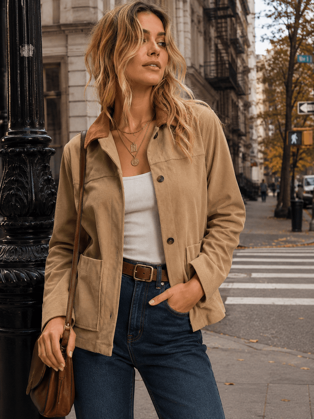 WOMEN'S LONG SLEEVE BUTTON CLOSURE FRONT POCKETS CORDUROY JACKET