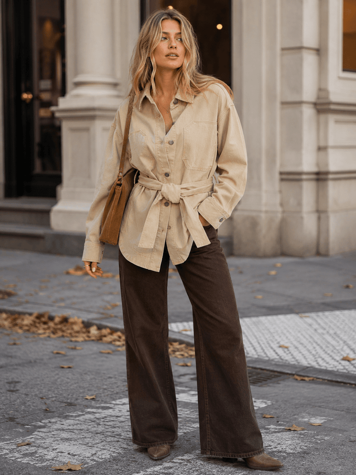 WOMEN'S LONG SLEEVE BUTTON CLOSURE FRONT POCKETS SELF TIE DENIM JACKET