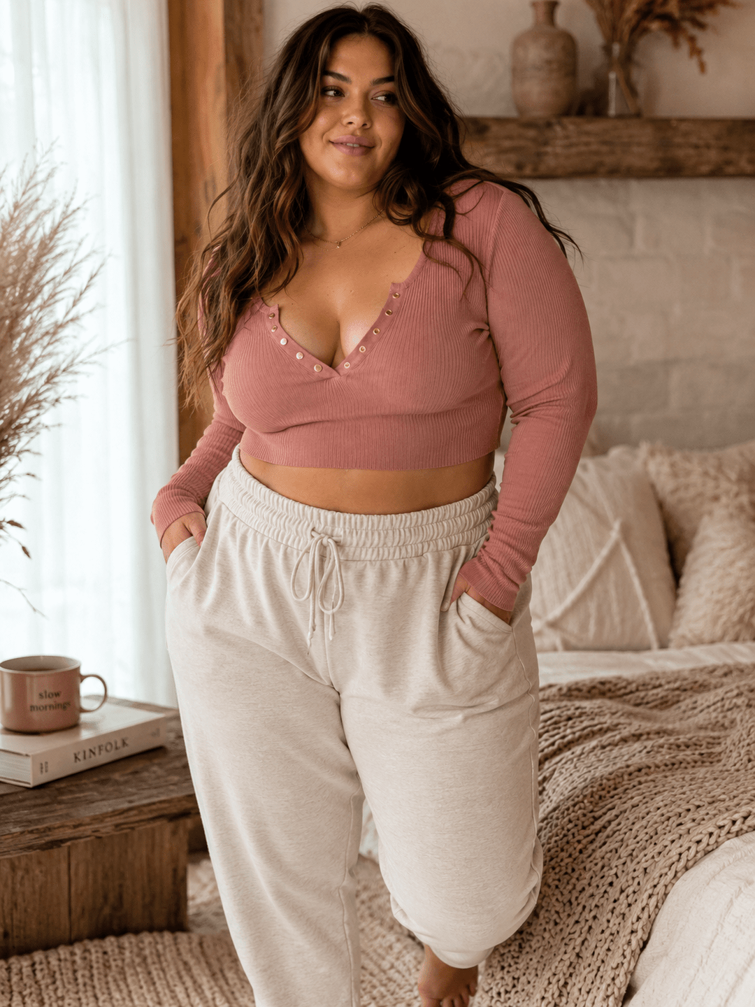 PLUS SIZE LONG SLEEVE BUTTON CLOSURE RIBBED CROP TOP