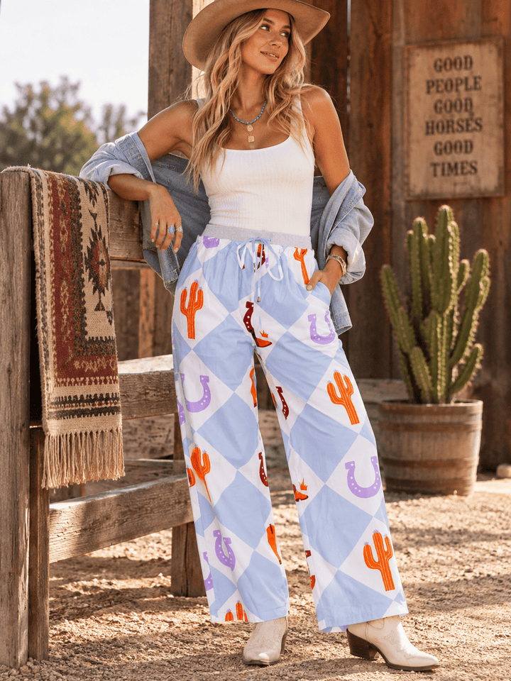 WOMEN'S ELASTIC WAIST POCKETS STRAIGHT LEG MULTI PRINT PANTS