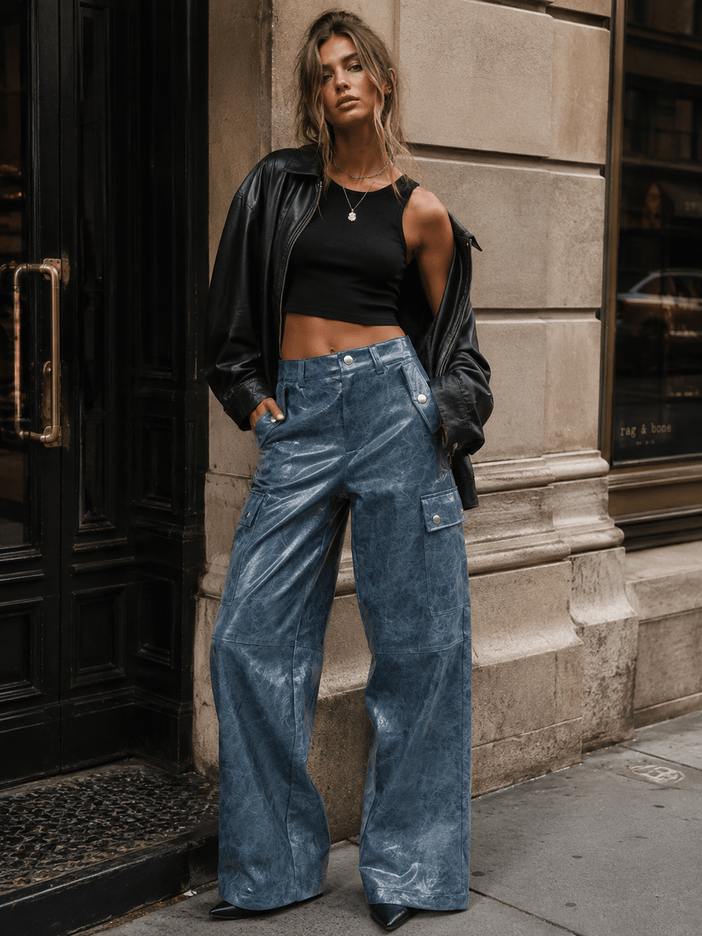 WOMEN'S BUTTON CLOSURE POCKETS WIDE LEG PU PLEATHER PANTS